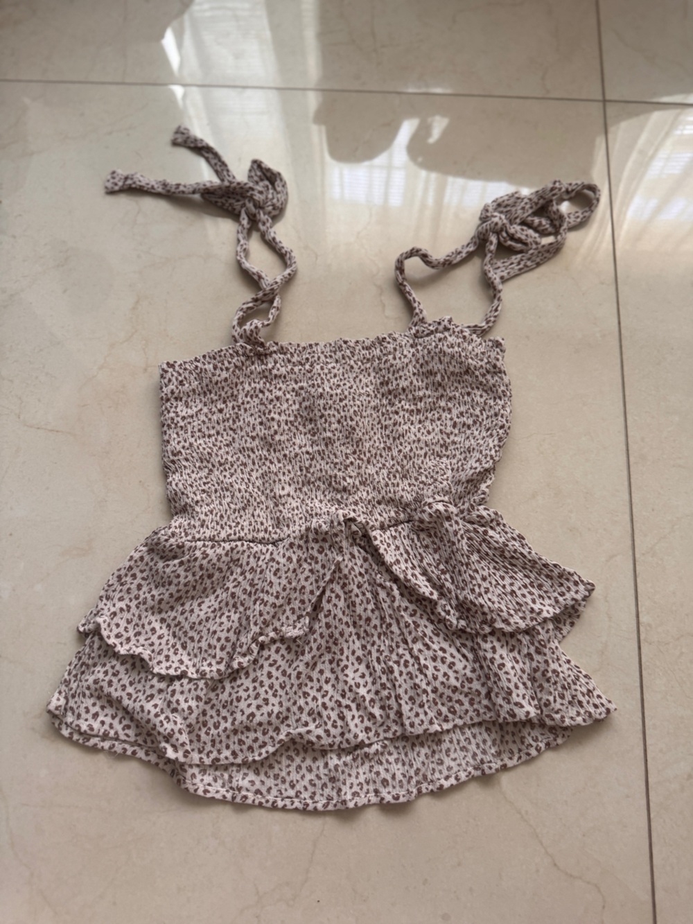 Paper Crane Cream and Brown Leopard Print Smocked Ruffle Cami